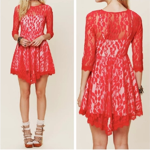 Free People Red Floral Lace Mesh Dress - Picture 2 of 14